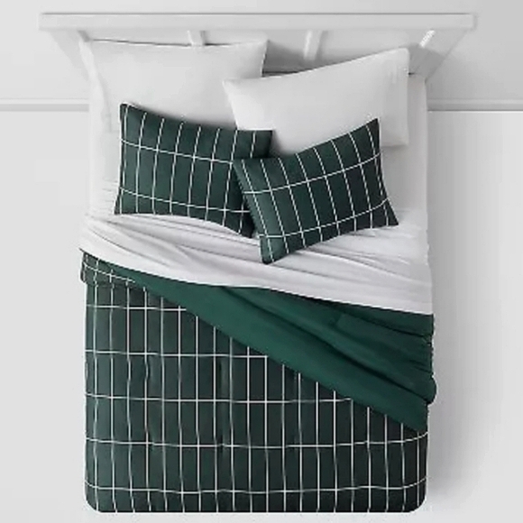 ☆NWT☆7 Piece FULL Sz Green Grid Print Microfiber Reversible Comforter & Sheets - Picture 2 of 6
